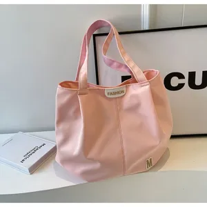 Bolso tote de lona rosa, bolso de hombro grande con bonita etiqueta de moda y letra M.