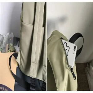 Detail of khaki nylon backpack showing sturdy shoulder straps and anti-theft back pocket