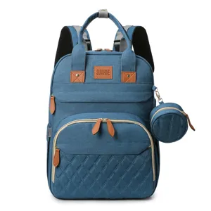 Blue thermal diaper backpack with foldable baby bed and matching pouch