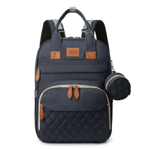Large capacity navy blue oxford diaper backpack featuring a matching round detachable pouch