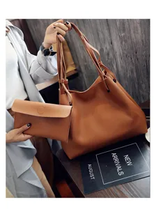 Detailansicht der braunen PU Leder Shopper Tasche und Pochette mit feiner Narbenstruktur.