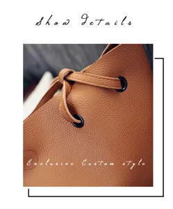 Braune PU Leder Beuteltasche Detailansicht mit Kordelzugverschluss und StrukturNahaufnahme.