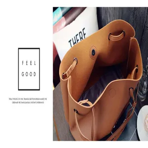 Braune PU Leder Tote Tasche Detailansicht mit Litschi Muster Textur und Kordelzug Design