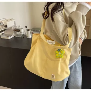 Bolso tote de lona amarilla, bolso de hombro de gran capacidad para uso diario y escolar.