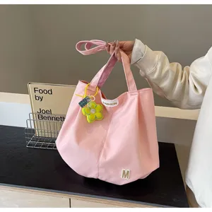Bolso tote de lona rosa de gran capacidad, estilo japonés, ideal para la escuela y uso diario.