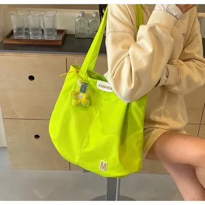 Bolso tote de lona verde neón para mujer, bolso de hombro de gran capacidad con colgante.