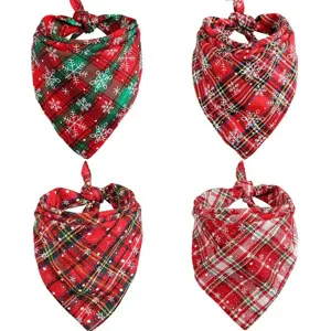 Lot de quatre bandanas de Noël festifs à carreaux pour animaux avec flocons de neige