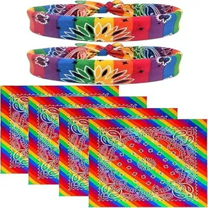 Detailed view of colorful rainbow striped headbands and paisley pattern bandanas set.