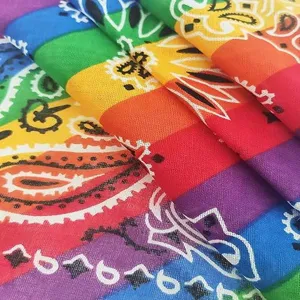 Detailed view of vibrant rainbow stripe paisley bandana showing rich fabric texture and colors.