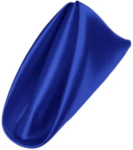 Close-up detail of a royal blue satin cloth napkin, showing smooth texture and folds.