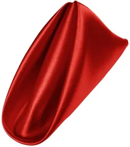 Red satin napkin detail view, smooth fabric texture and elegant folded shape for table decor.