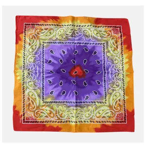 Detailed view of colorful tie-dye pattern and paisley design on cotton bandana