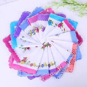 Fresh Cotton Floral Handkerchief For Women Printed Scalloped Edge Pocket Square Cotton Rustic White Base Small Floral Scarf