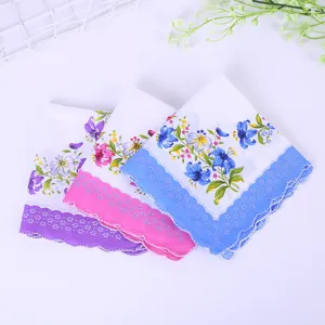 Floral printed cotton handkerchiefs with scalloped moon edges for women in three colors