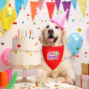 Cute dog bandana with birthday print, soft fabric pet bib for birthday party celebration.