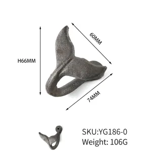 Detailed specifications for rustic cast iron whale tail wall hook with dimensions