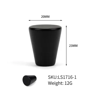 Vista detallada del pomo cónico de aleación de aluminio negro mate con dimensiones y peso.