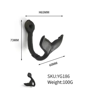 Vintage cast iron whale tail hook with dimensions 73x65x60mm and 100g weight