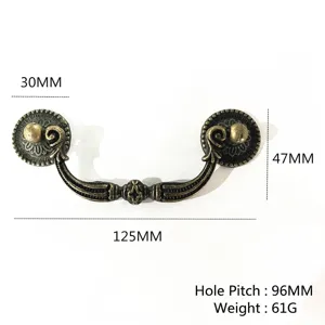 Vintage bronze zinc alloy drawer handle with 96mm hole spacing and dimensions detail