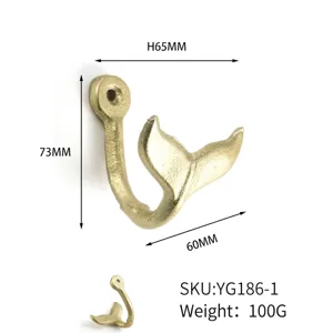 Detailed dimension display of the vintage golden cast iron whale tail wall hook.