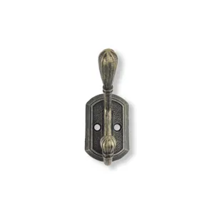 Front view of antique bronze coat hook with vintage embossed texture details