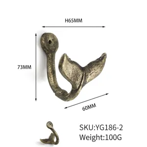 Antique whale tail cast iron wall hook with dimensions and 100g weight specifications