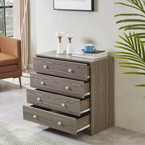 Pomos plateados redondos para cajones en cómoda de madera gris, estilo moderno