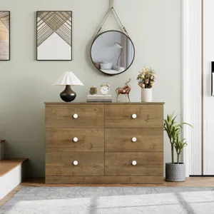 Gedetailleerd overzicht van moderne houten ladekast met zes lades en witte ronde knoppen.