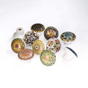 Assortment of vibrant bohemian ceramic drawer knobs with intricate colorful patterns