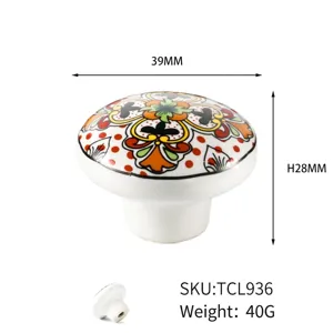 Bohemian floral ceramic round drawer knob handle for cabinets and furniture, 39mm, 40g
