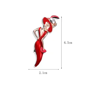 Size specifications for the modern lady enamel brooch in a red dress, 6.5cm height