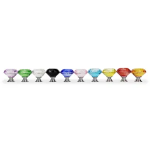 Detailed view of ten colorful crystal glass drawer knobs with silver bases.