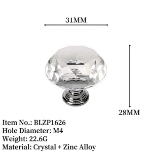 Modern faceted crystal and zinc alloy cabinet knob pull with dimension details for drawers