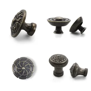 Vintage zinc alloy cabinet drawer knobs with antique bronze finish in four styles