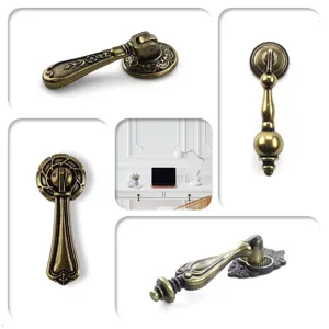 Macro view showing four styles of vintage bronze zinc alloy drawer pendant handles.