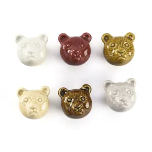 Set of six cute bear-shaped ceramic drawer knobs in various glossy glaze colors