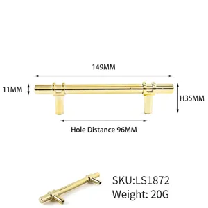 Dimensiones detalladas del tirador de armario en T dorado, distancia 96 mm