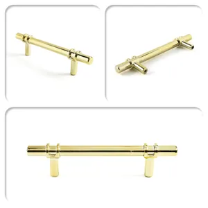 Tirador de mueble moderno dorado en forma de T para armarios y cajones en tres vistas
