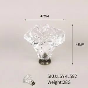 Close-up of a clear rose-shaped cabinet knob with 47mm width and 41mm height dimensions