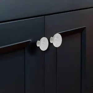White ceramic cabinet knob with woven texture, single hole round furniture drawer pull for home.