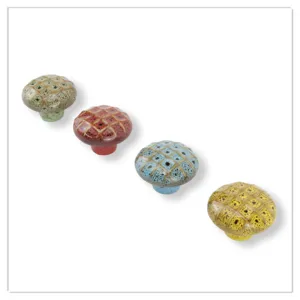 Ceramic mushroom cabinet knobs with grid pattern, colorful single hole drawer pulls for furniture.