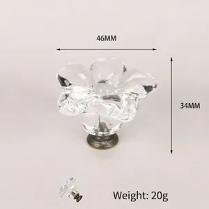 Macro view of a clear flower-shaped acrylic cabinet knob showing 46mm width and weight info