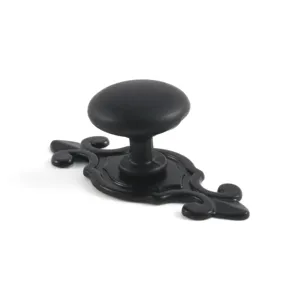 Antique black zinc alloy furniture knob featuring a decorative ornate backplate detail