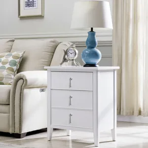 Detail view of modern zinc alloy pendant drawer handles on a white cabinet