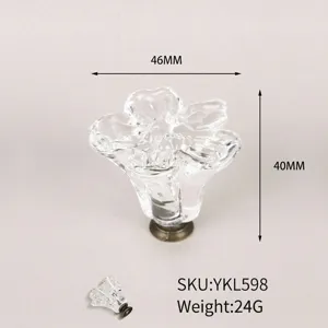 Detailed view of flower-shaped clear acrylic cabinet knob with dimensions and weight