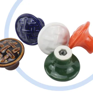 Detailed view of colorful ceramic cabinet knobs with woven texture, perfect for drawers and doors.