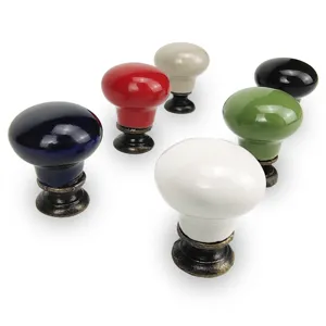 Colorful ceramic cabinet knobs with antique bronze bases, single hole drawer pulls for furniture.