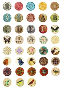 Collection of vintage circular decals for cabinet knobs with bird and floral designs