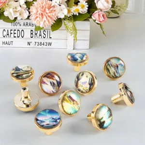 Vintage American National Park Landscape Crystal Glass Cabinet Knobs Round Plastic Single Hole Drawer Handles For Wardrobe Cupboard Furniture Hardware