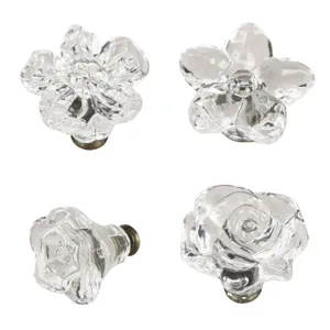 Set of 4 transparent flower shaped acrylic cabinet knobs with antique brass metal base